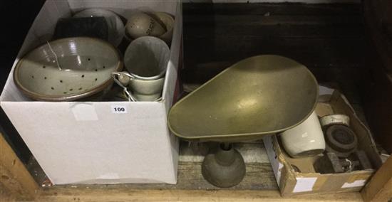 Cast iron & brass scales & weights, Doulton stoneware bottle, sundry kitchen ware, jelly moulds, carving set etc